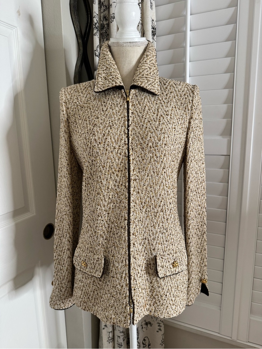 St. John Beige Herringbone Zip-Front Jacket